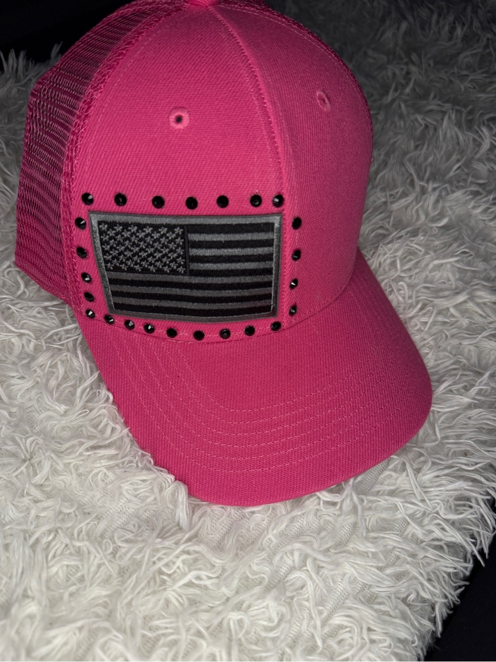 Pink Trucker Hat with Studded American Flag Patch